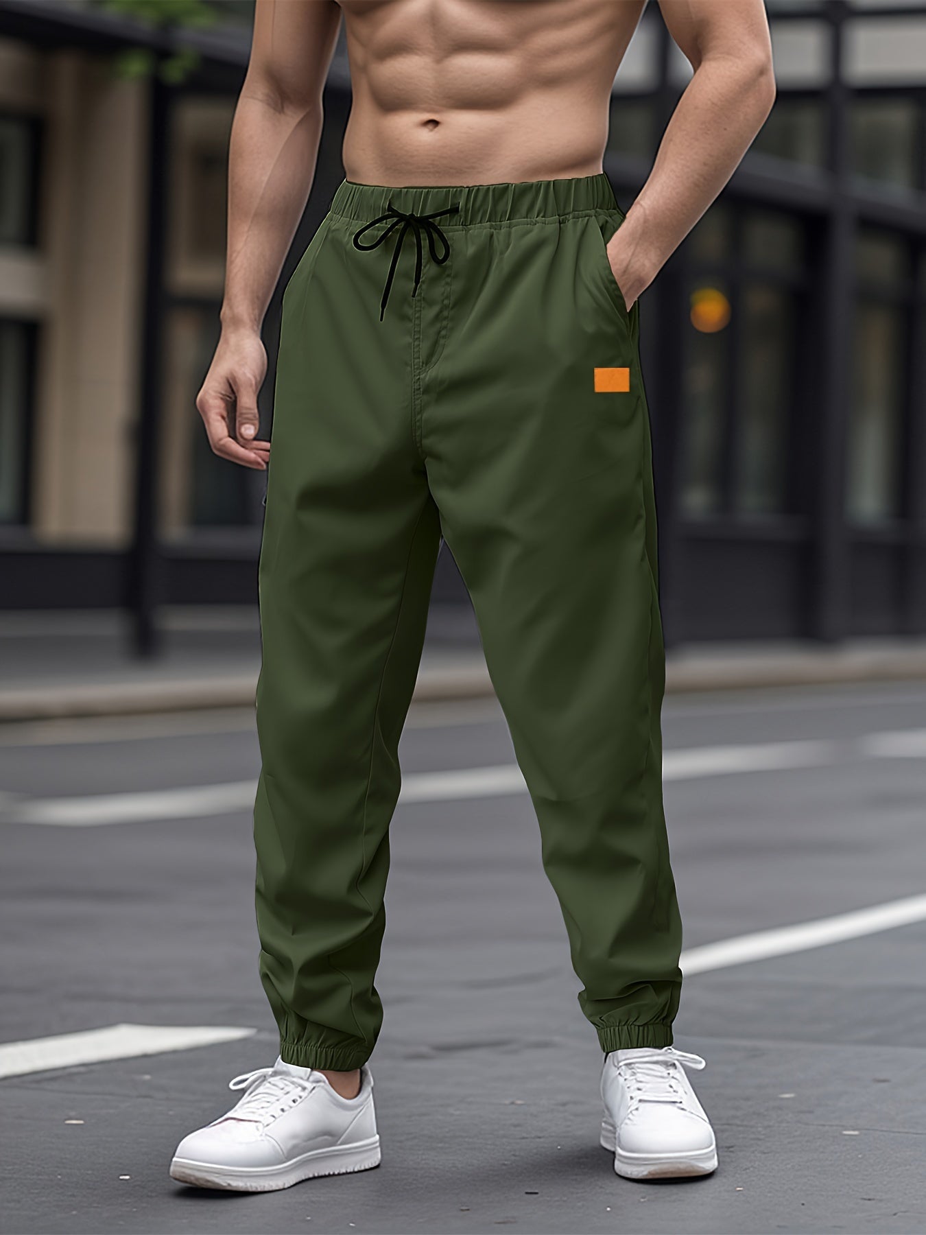 Men's Casual Woven Polyester Drawstring Pants Solid Color Regular Fit All-Season