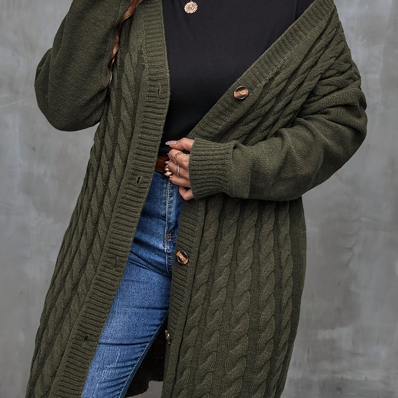 Plus Size Elegant Knit Polyester Cardigan for Fall Winter