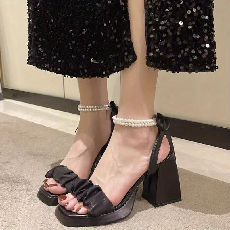 Women Open Toe High Heel Pumps With Pearl Ankle Chain and Cushioned Insole