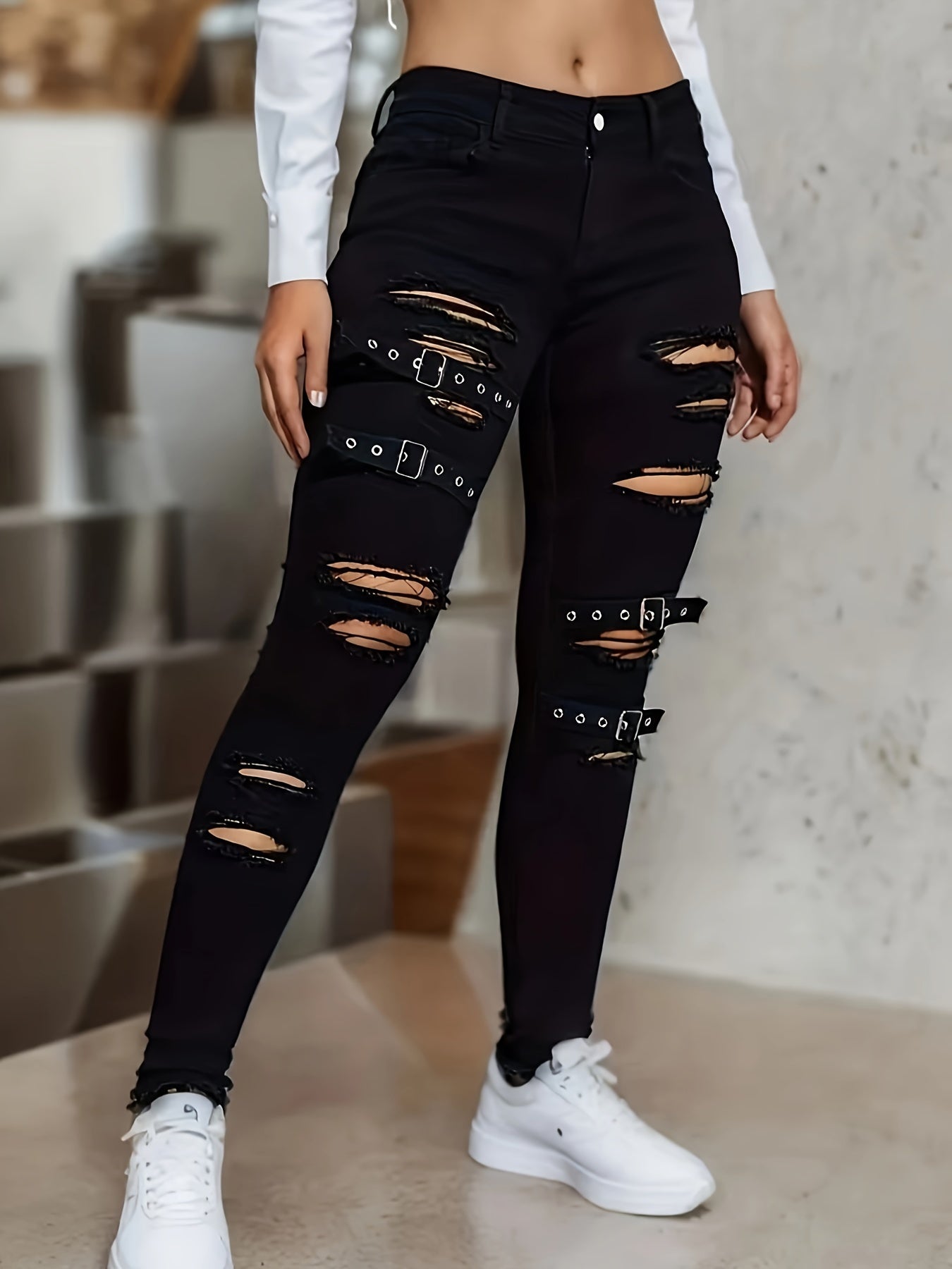 Jeans ajustados de mezclilla para mujer con detalles de hebilla dividida negro primavera otoño