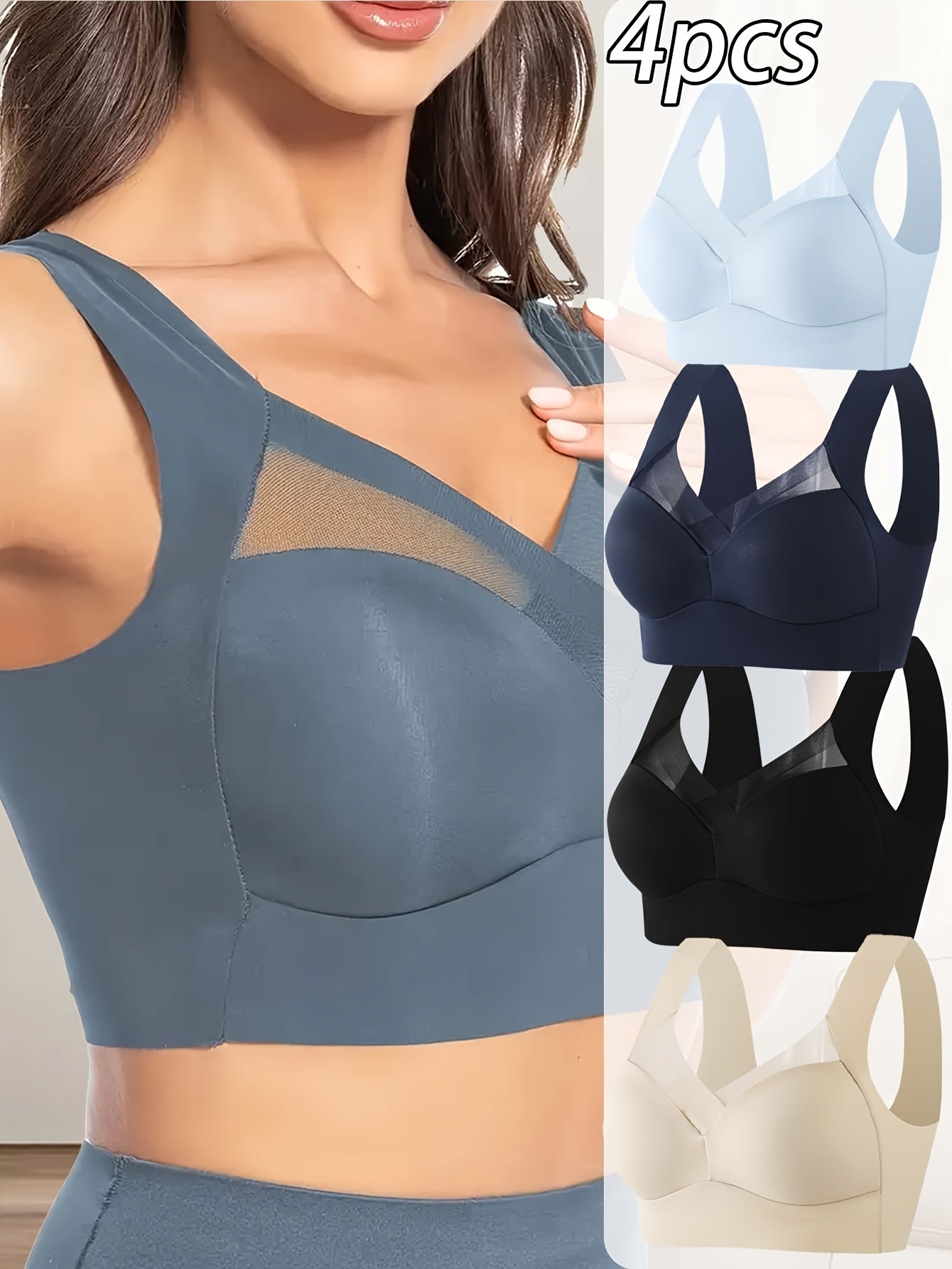 Women Lace V-Neck Bras 4 Pack Seamless Breathable Mesh Supportive