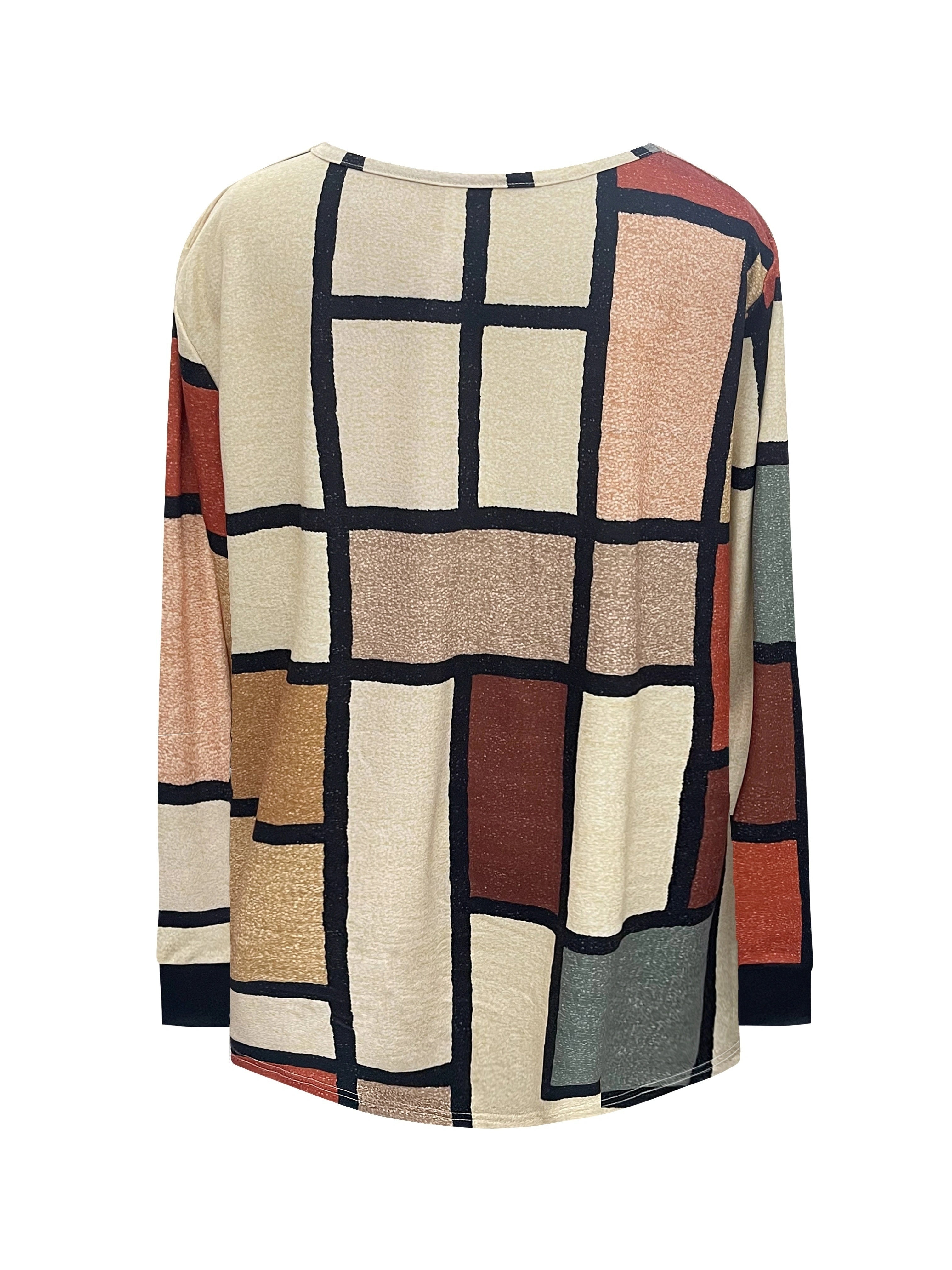 Women's Geometric Color Block V-Neck Long Sleeve Sweatshirt Plus Size Casual Warm Winter