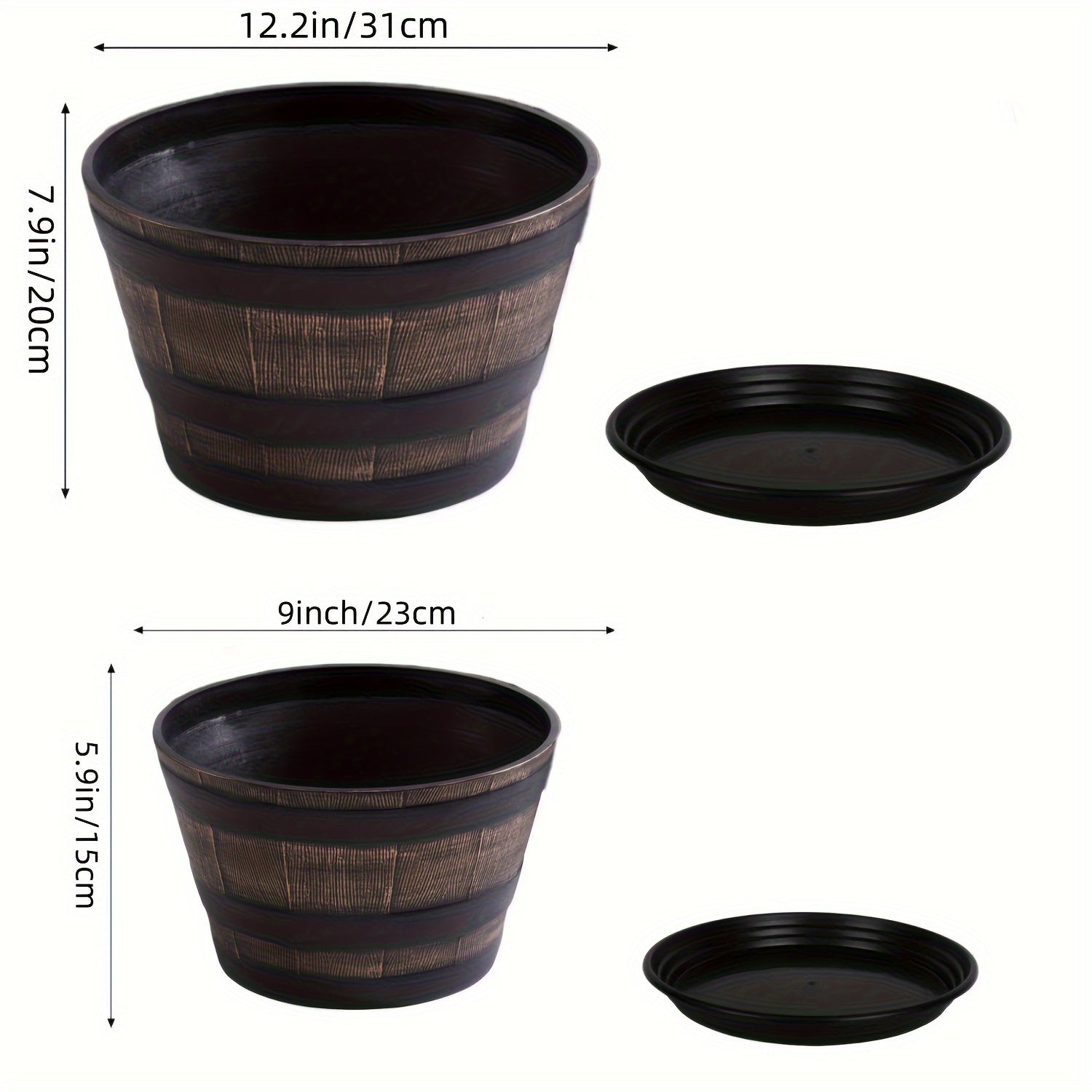 Set of 4 Plastic Flower Pots with Drainage Holes, Barrel Style, Indoor Outdoor
