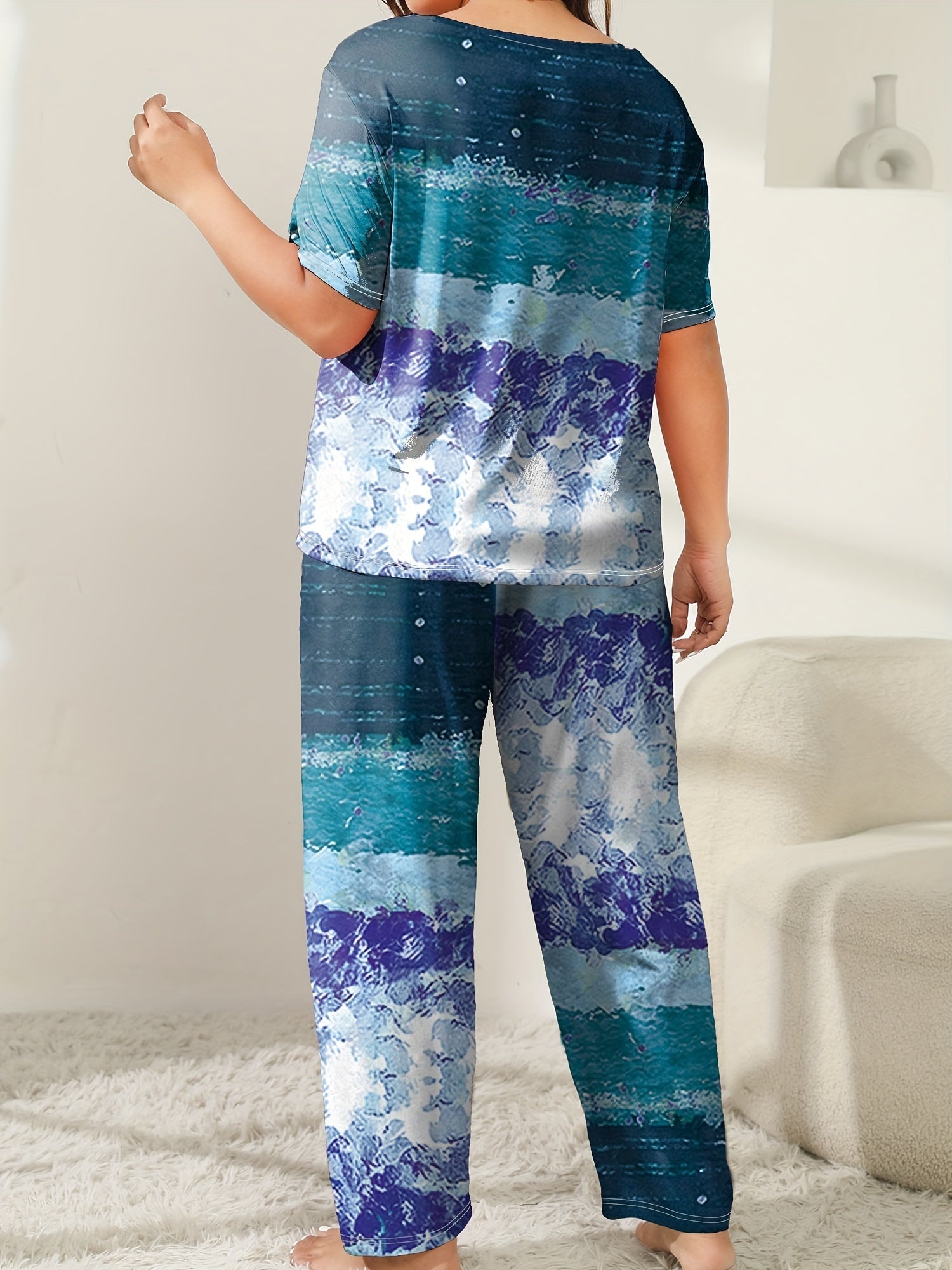 Women's Plus Size Lounge Pajama Set Short Sleeve Crew Neck Painting Print