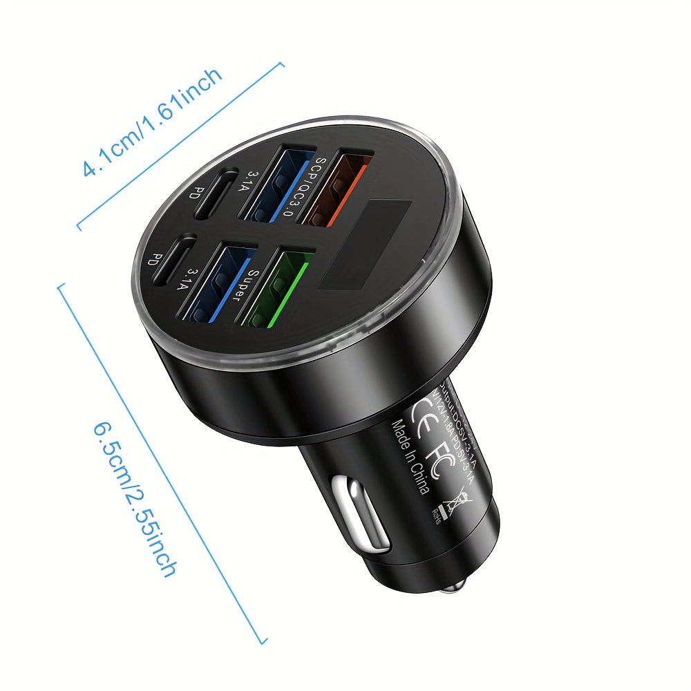 6-in-1 USB Car Charger Rapid Charging with LED Screen for Multiple Devices