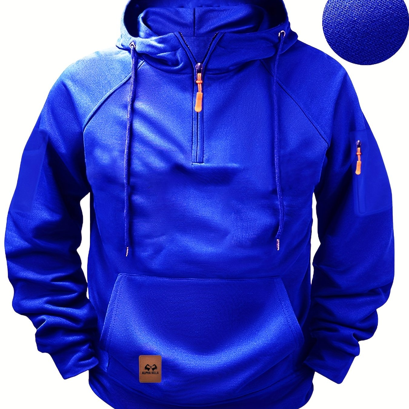 Sudadera con capucha azul marino para hombre con cuello henley con cremallera y bolsillo canguro