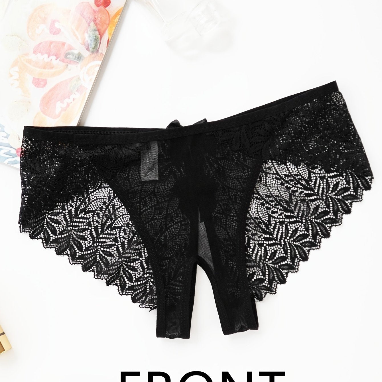 Women's Crotchless Lace Briefs with Butterfly Design and Bow Solid Color Lingerie