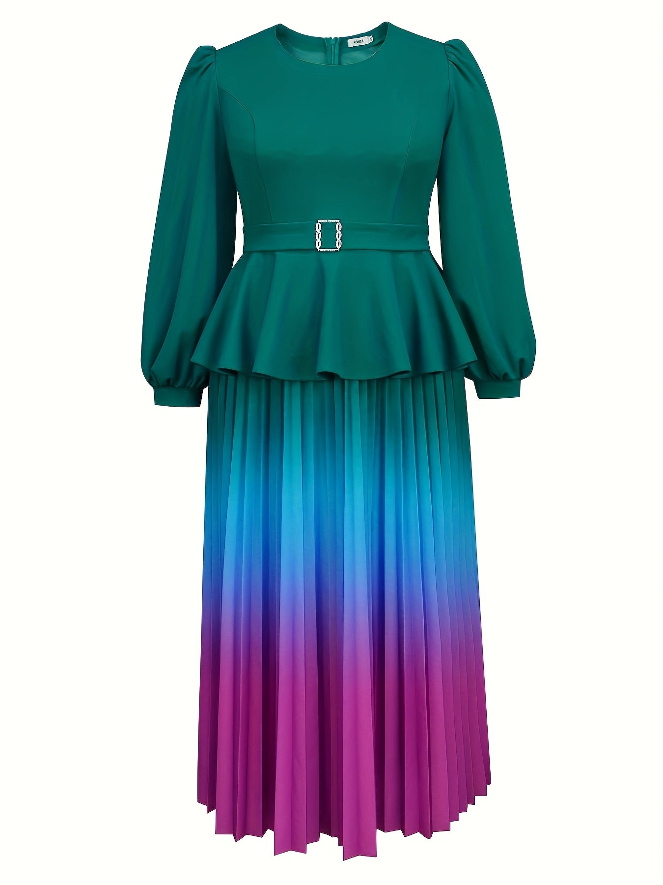 Women's Plus Size Ombre Teal to Purple A-Line Pleated Midi Dress with Puff Sleeves