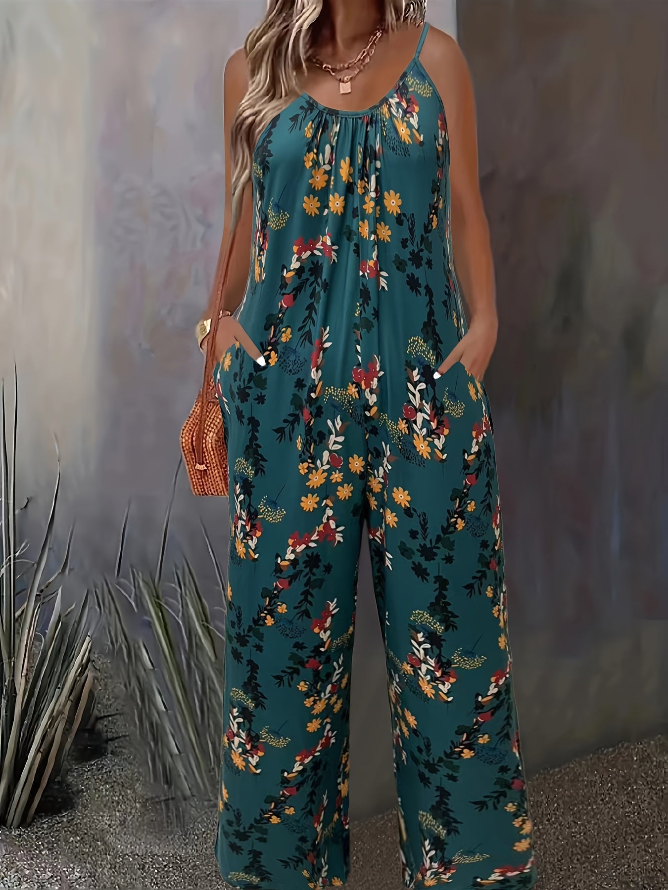 Mono casual de talla grande con bolsillos de estampado floral 3D estilo vacaciones