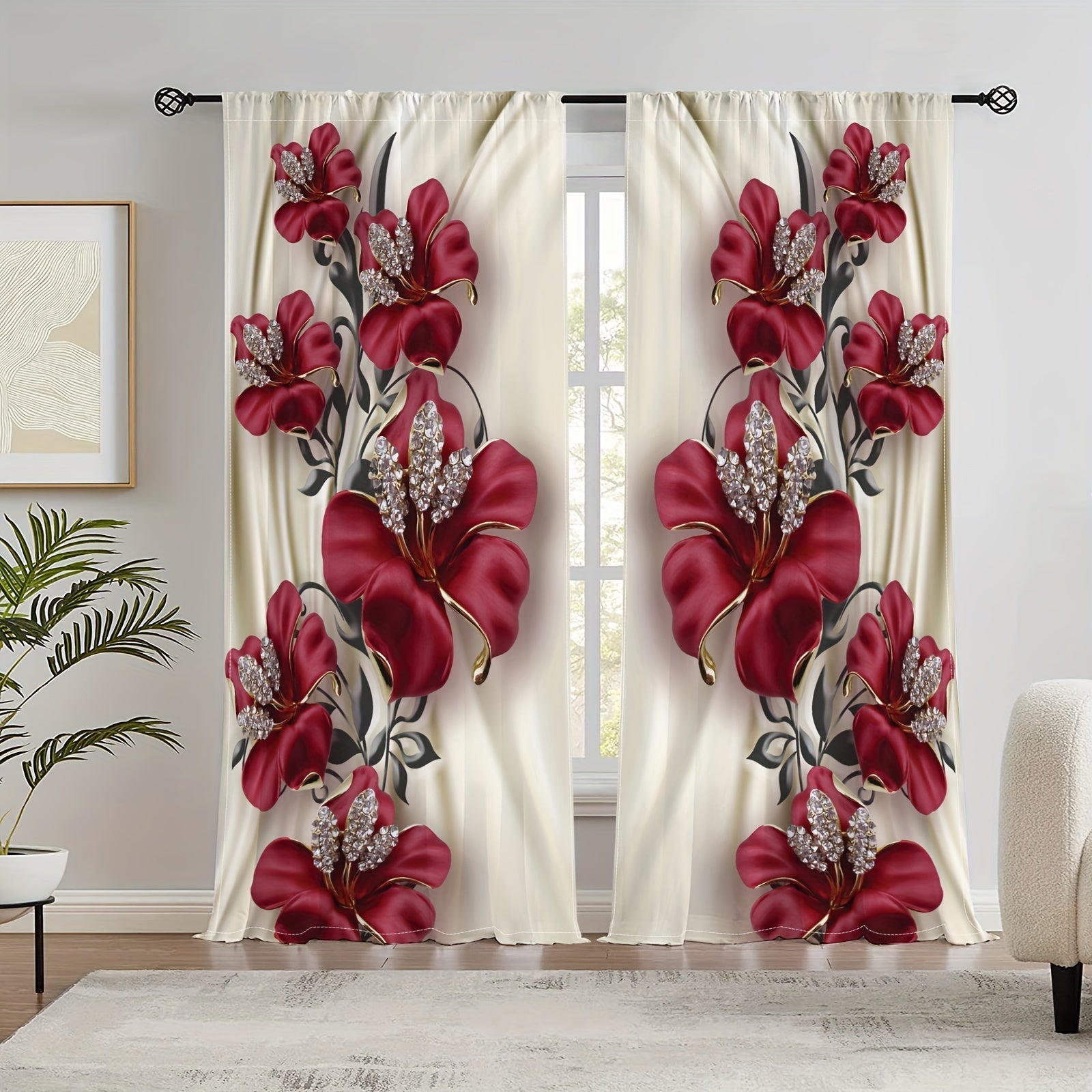 Red Rose Blackout Curtains Polyester Rod Pocket for Bedroom Living Room Office