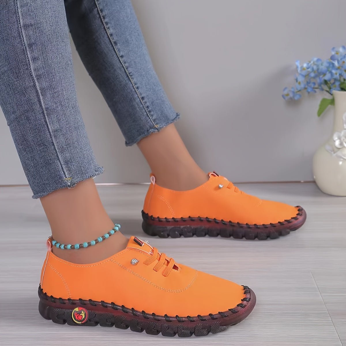 Women's Casual Slip-On Shoes Orange Faux Cover Rubber Sole All-Season