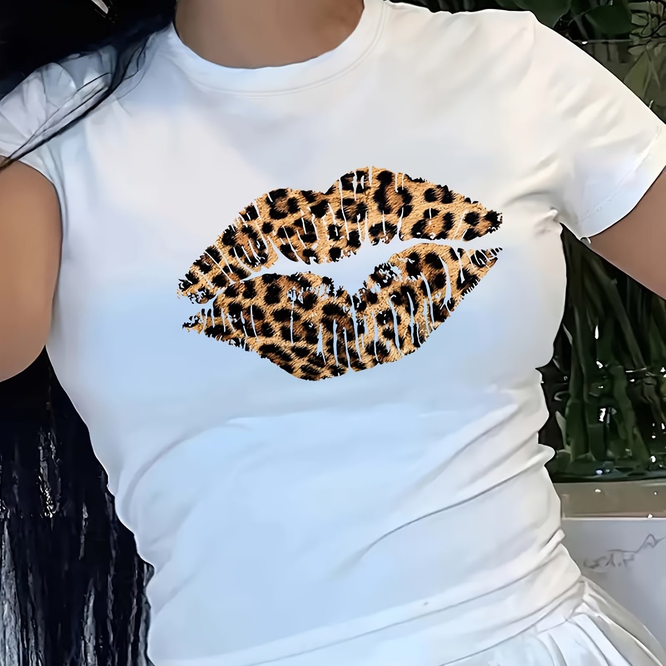 Women's Leopard Lip Print Crew Neck T-Shirt Casual Summer Spring Polyester
