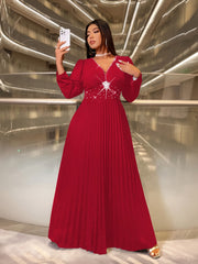 Plus Size V-Neck Long Sleeve Maxi Dress Ruched Hem Red Formal Party Wear