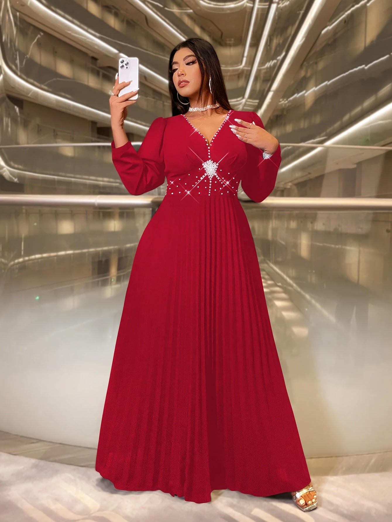 Plus Size V-Neck Long Sleeve Maxi Dress Ruched Hem Red Formal Party Wear