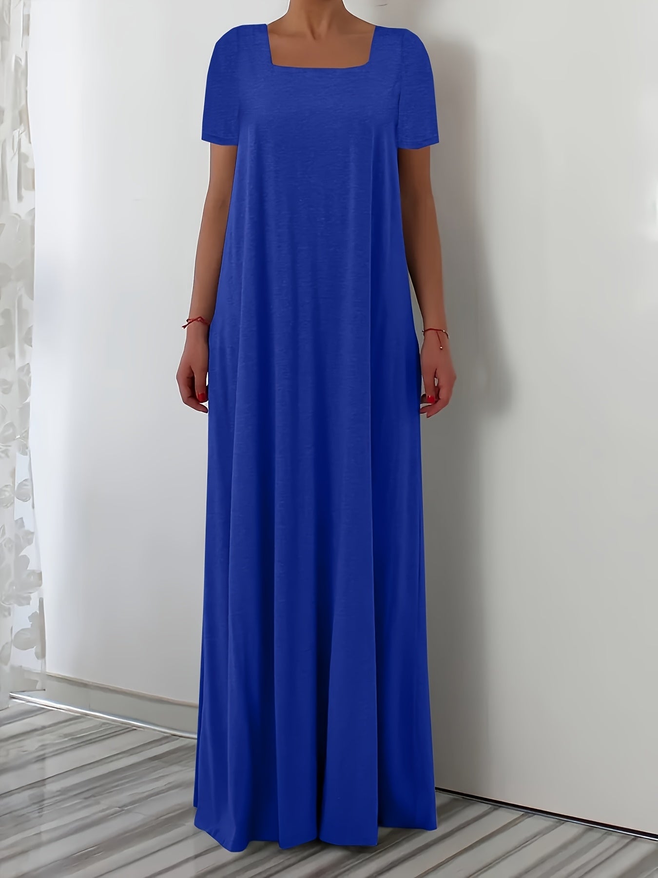 White Maxi Dress with Square Neck Short Sleeves Pockets Flowing Silhouette Polyester Blend