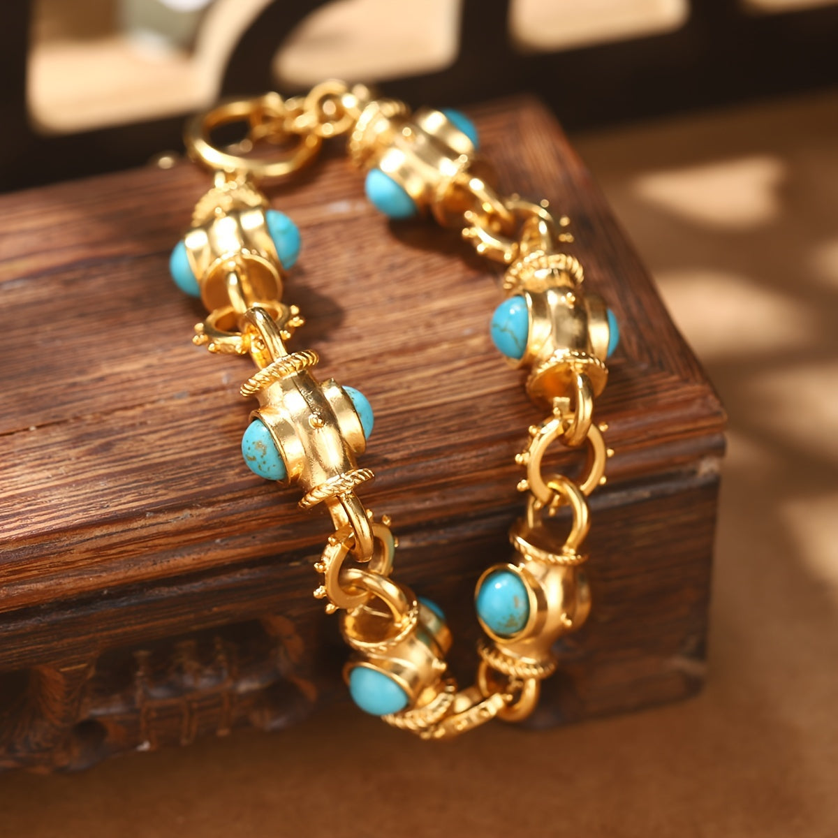 Gold-Plated Alloy Bracelet for Women with Turquoise Accents and Geometric Links