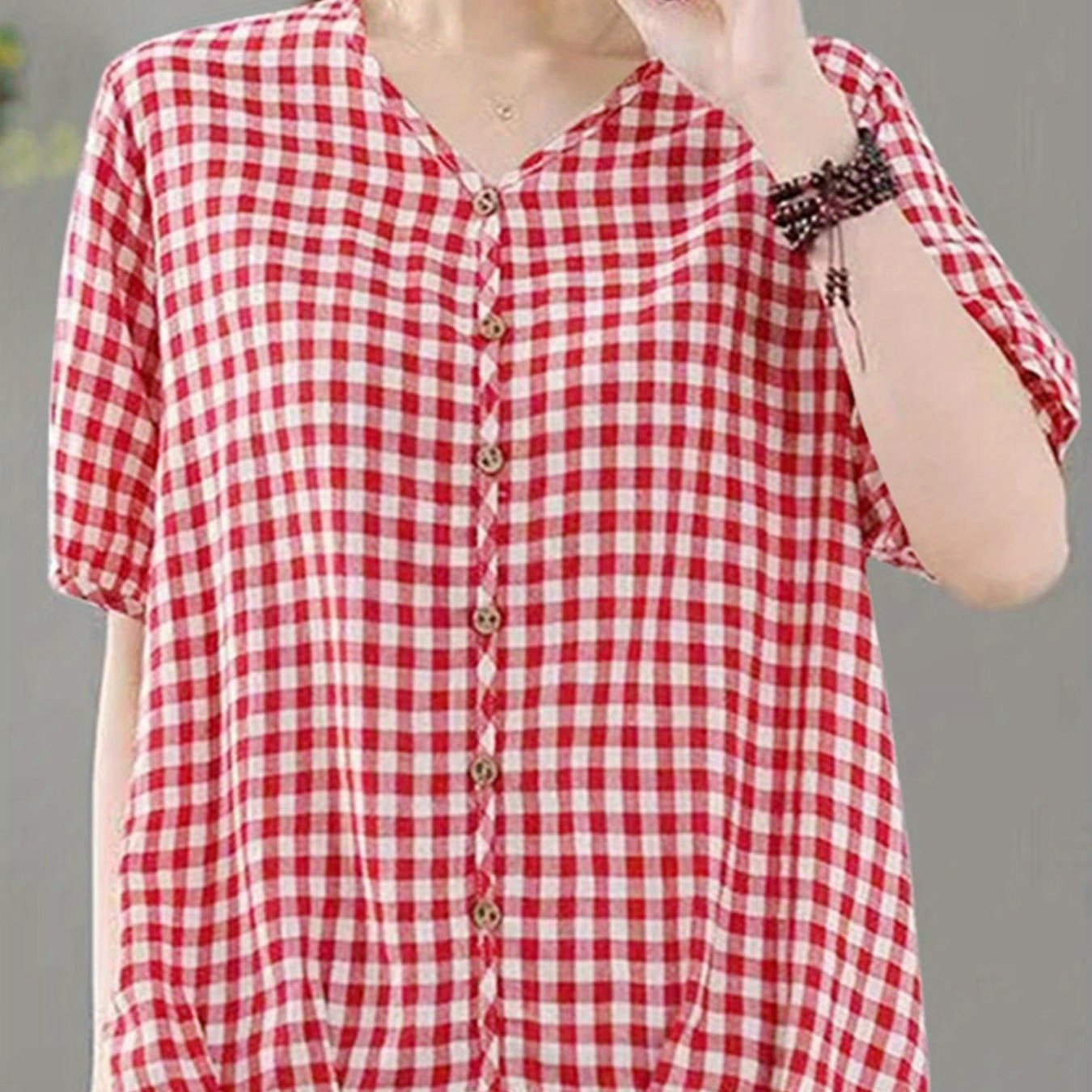 Plus Size Women's Checkered Print Short Sleeve Blouse Casual V Neck Top