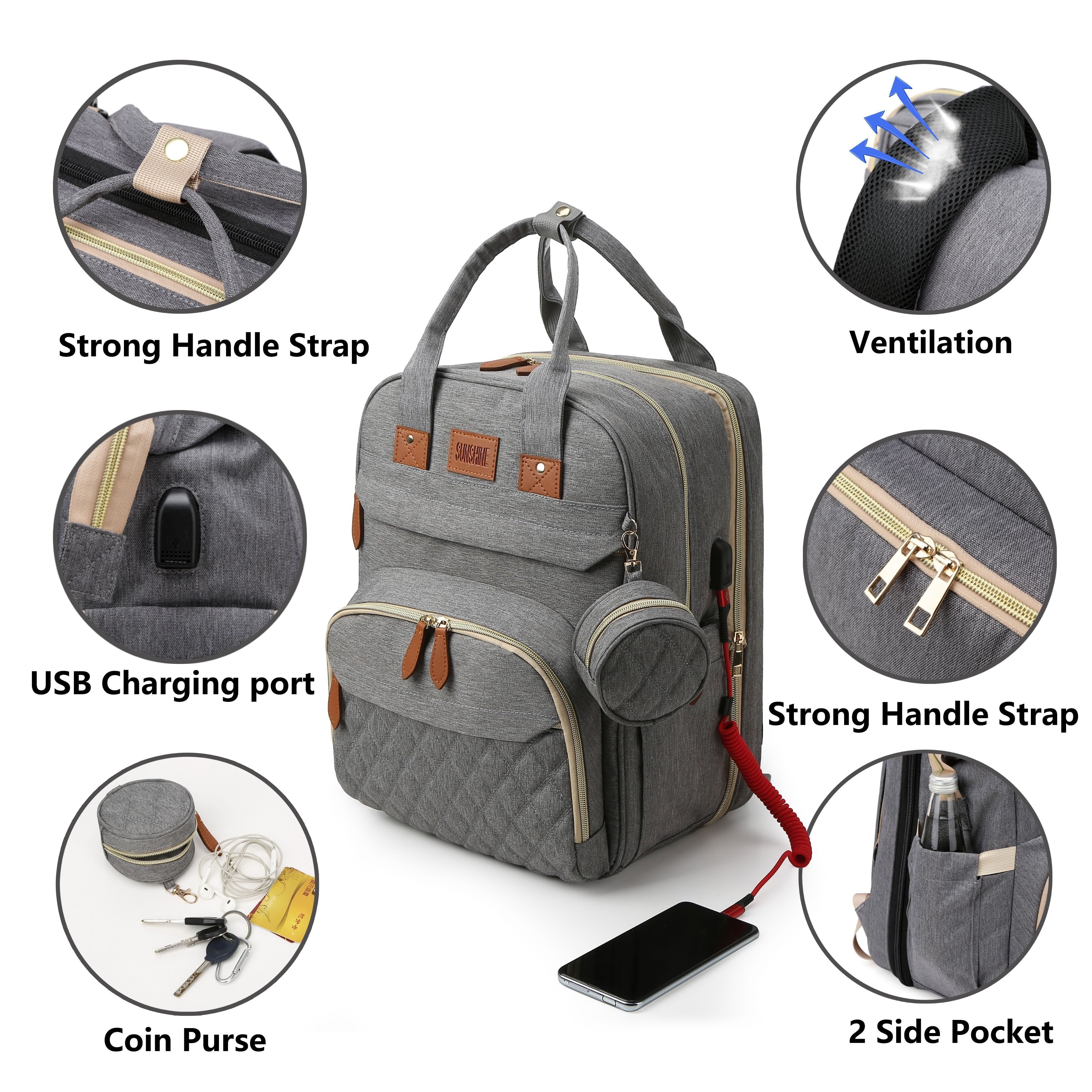 Diaper Bag Backpack for Moms and Dads Polyester Travel Bag with USB Charging Port and Utility Pocket