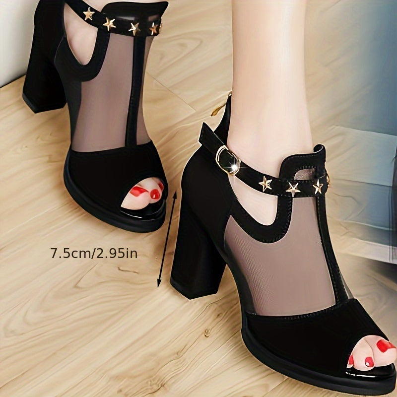 Yoz uchun chunky tovonli mesh peep-toe sandallar, orqa fermuari va sun'iy qopqoq bilan.