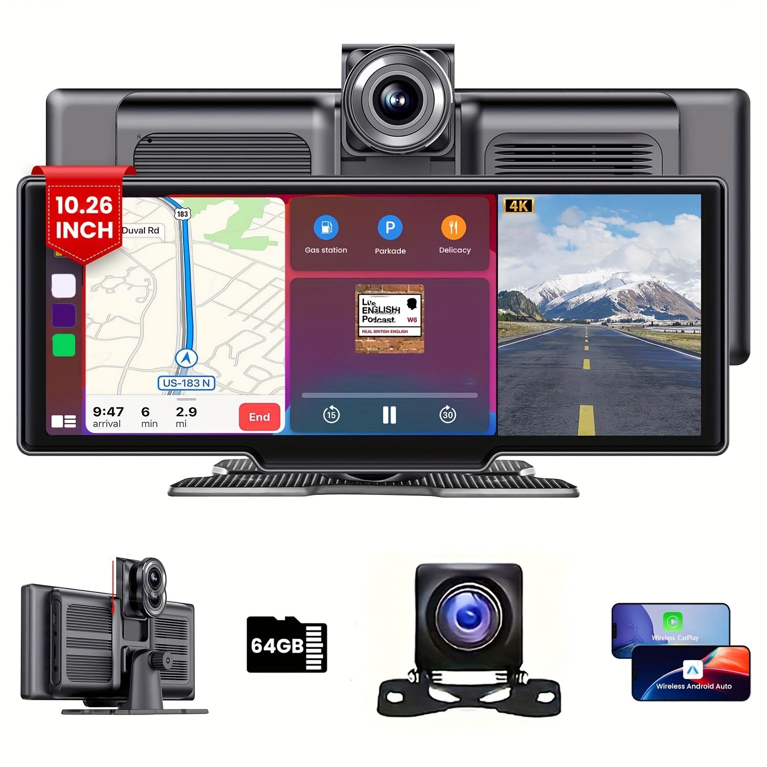 26.06 cm Wireless Car Stereo with 4K Dash Cam IPS Touchscreen and Backup Camera