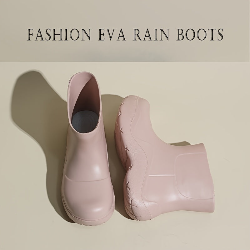 Women's Rain Boots Soft EVA Mid-Heel Slip-On Closed-Toe Waterproof Shoes