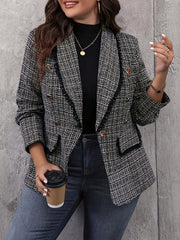 Women's Polyester Plaid Double-Breasted Blazer with Green Collars