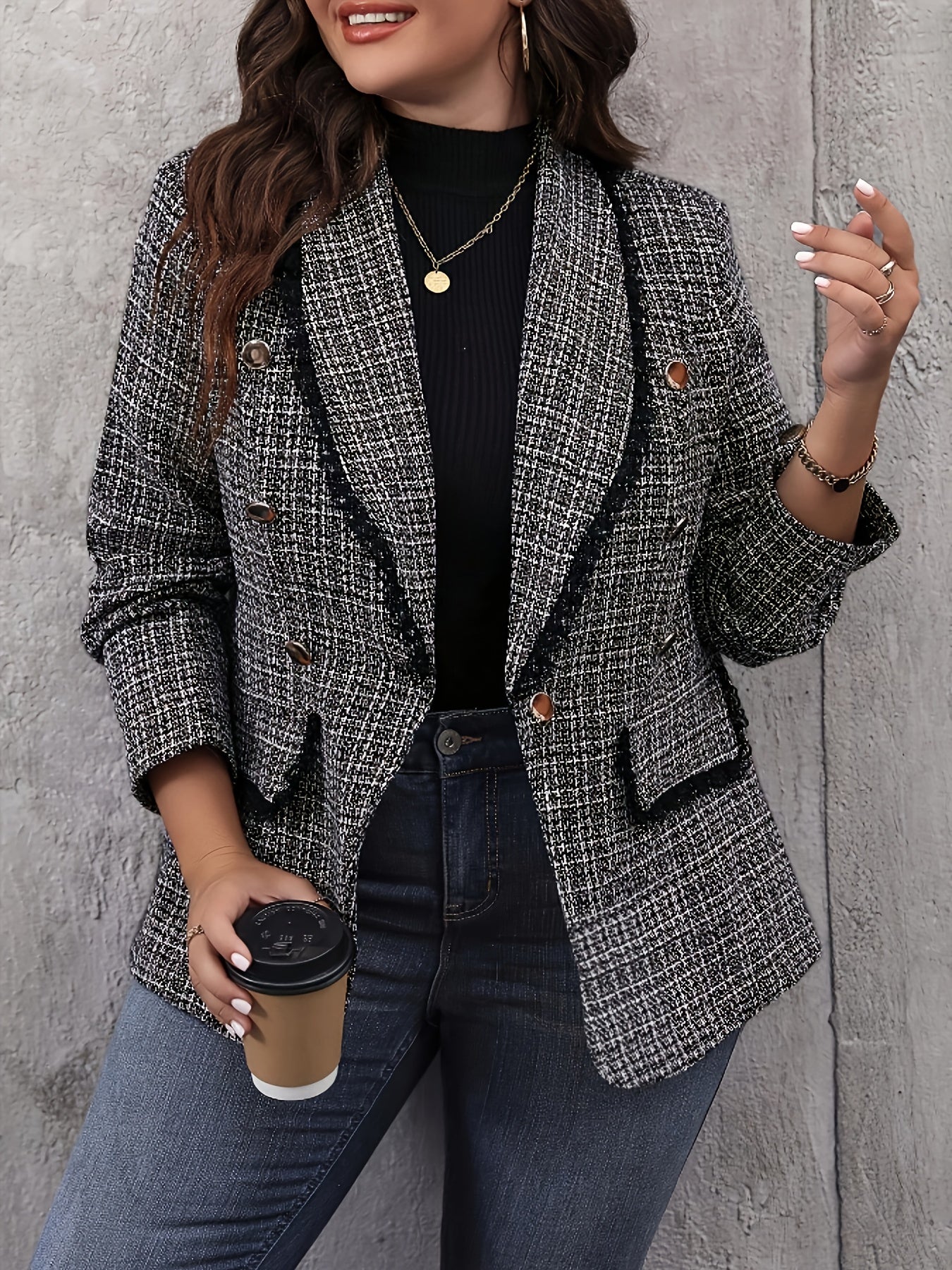 Women's Polyester Plaid Double-Breasted Blazer with Green Collars