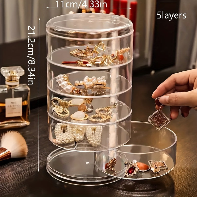 5-Tier Jewelry Organizer with Rotating Earring and Bracelet Storage Clear Dustproof Lid