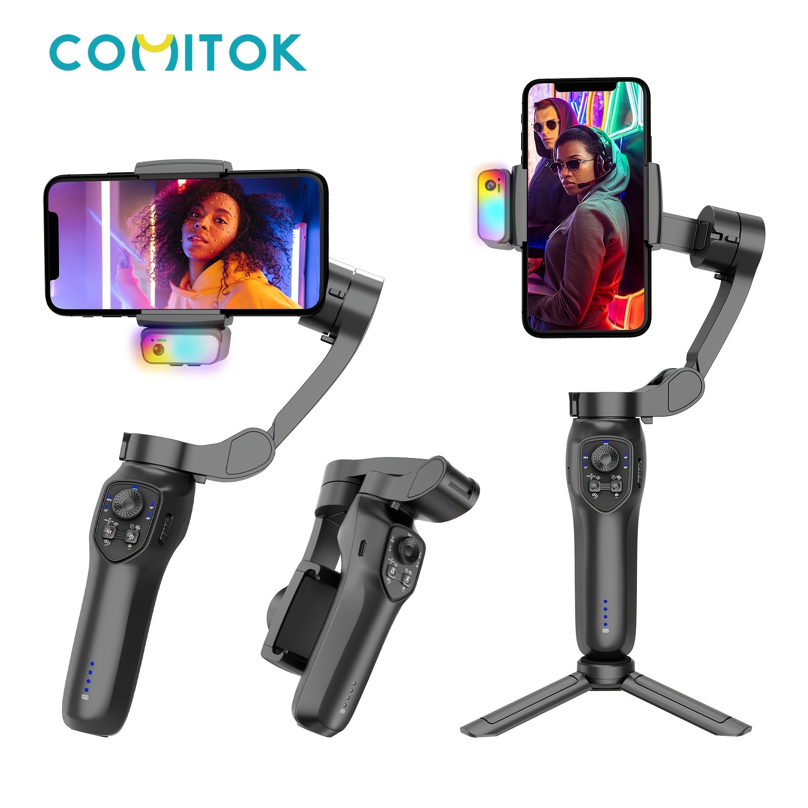 3-Axis Smartphone Stabilizer with RGB Lighting Face Tracking Wireless Rechargeable Video Gimbal