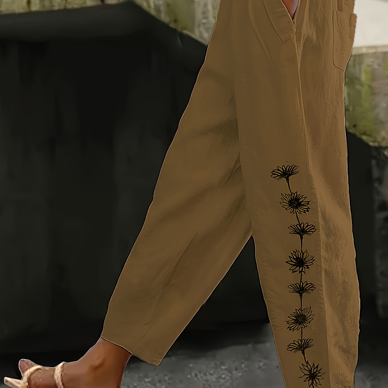 Pantalones de talla grande para mujer con estampado floral, cintura elástica y bolsillos