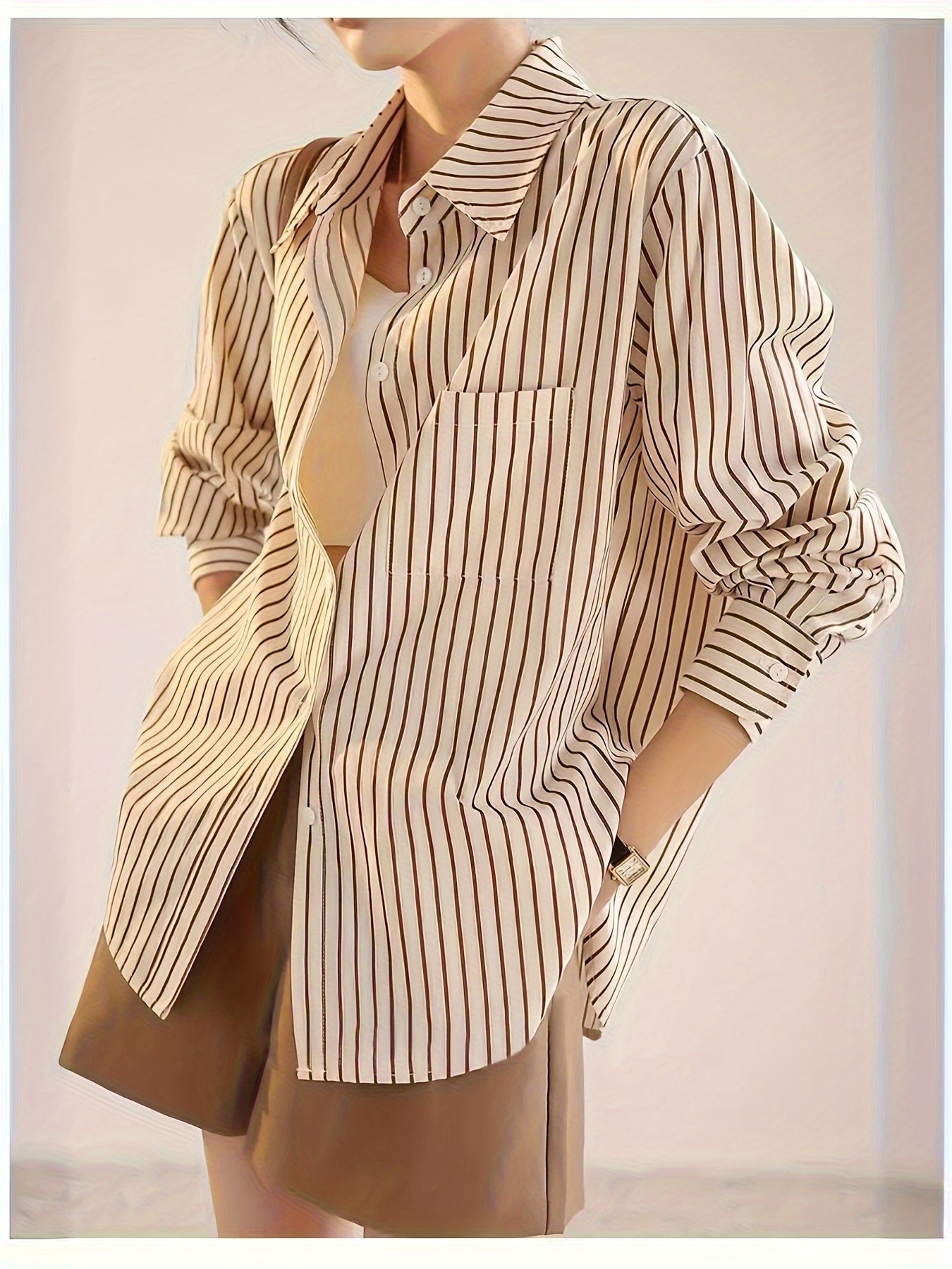 Women's Long Sleeve Striped Button-Up Shirt with Polo Collar for Spring Summer