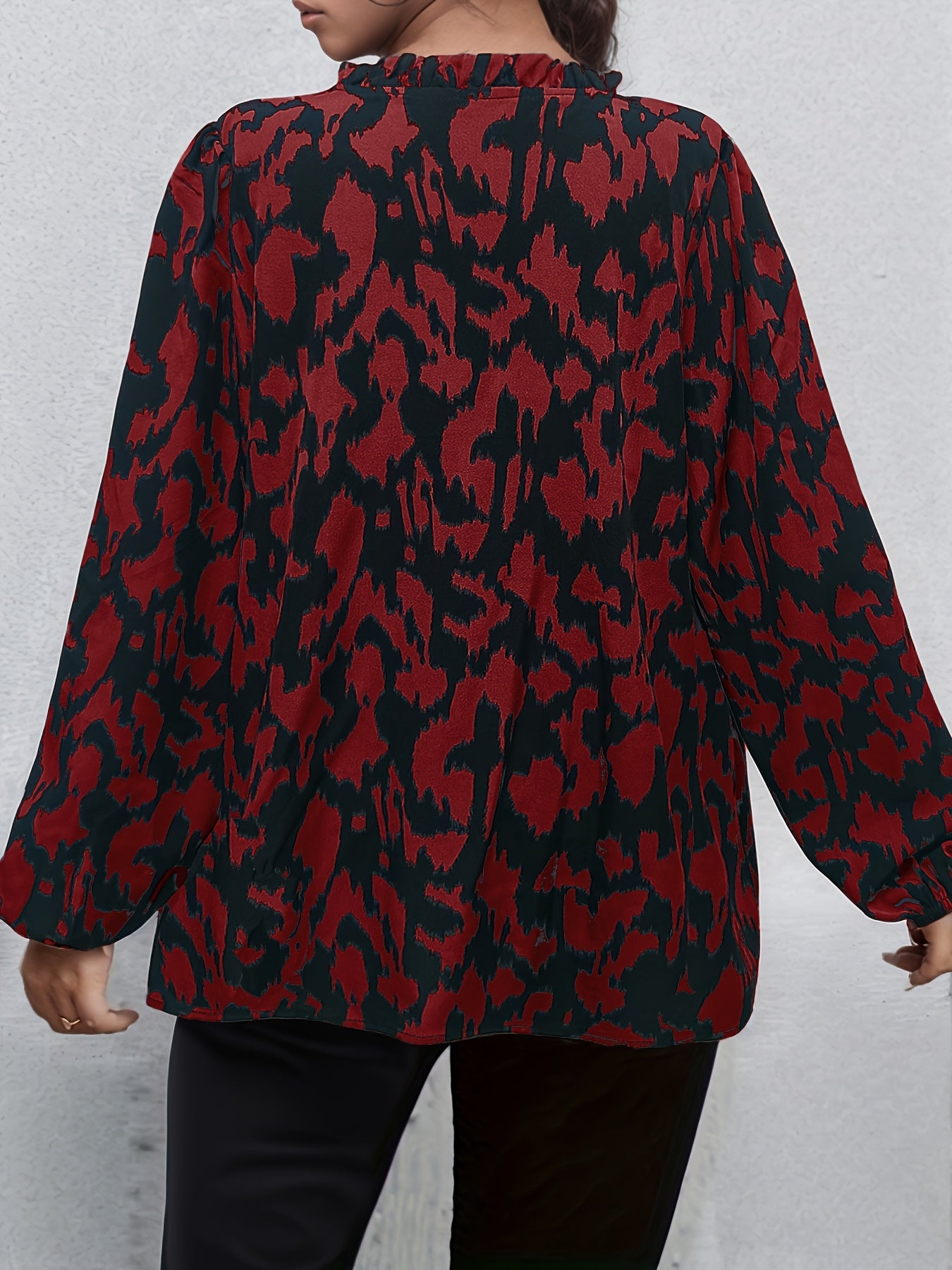Plus Size Leopard Print Tie Neck Blouse Long Sleeve Spring Fall Women