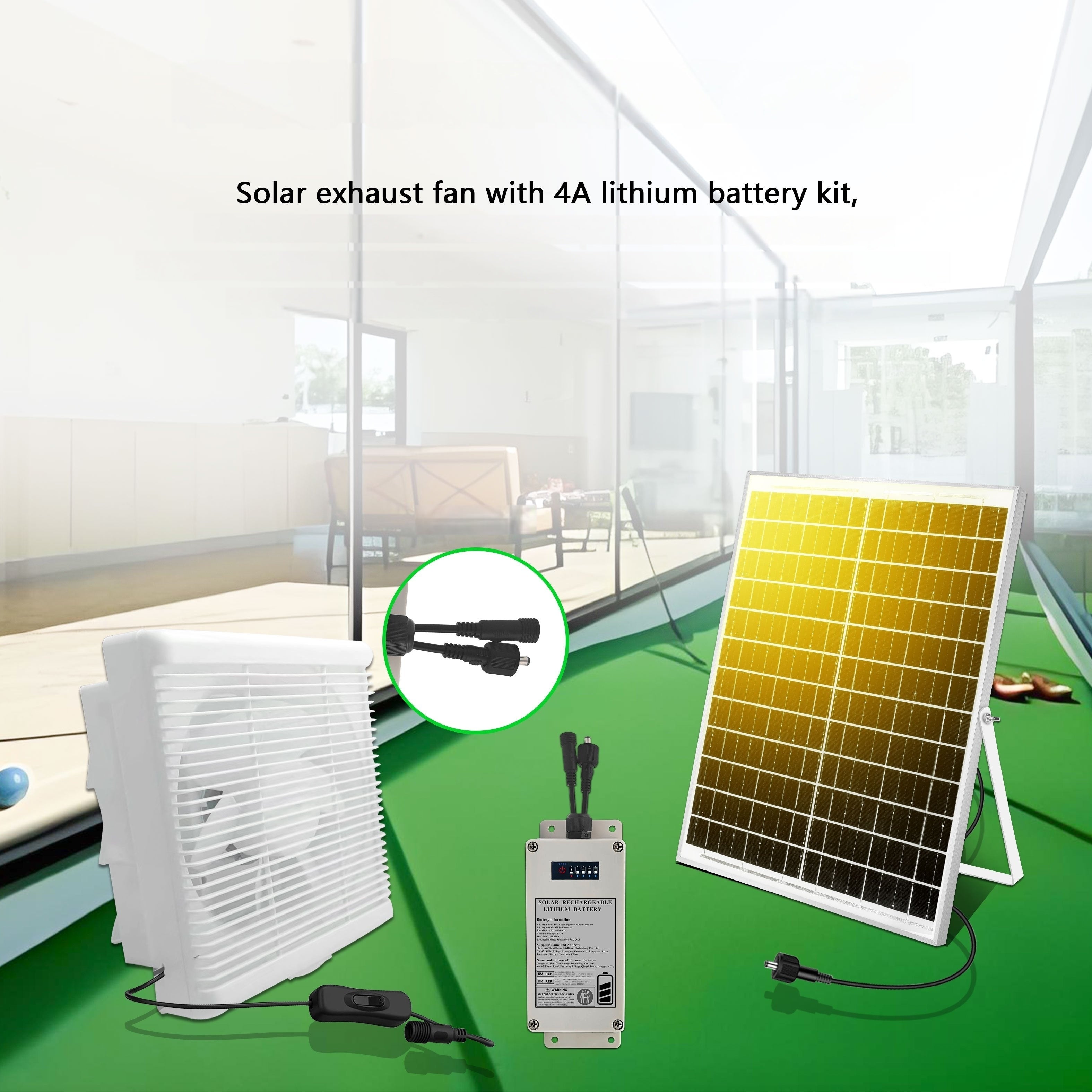 Qayta tiklanadigan batareyali quyoshli ventilyator, 25W quyoshli ventilyator to'plami va 8 dyuymli ventilyator bilan ishlaydi, issiqxona, ichki joylar va kichik binolar uchun mos.