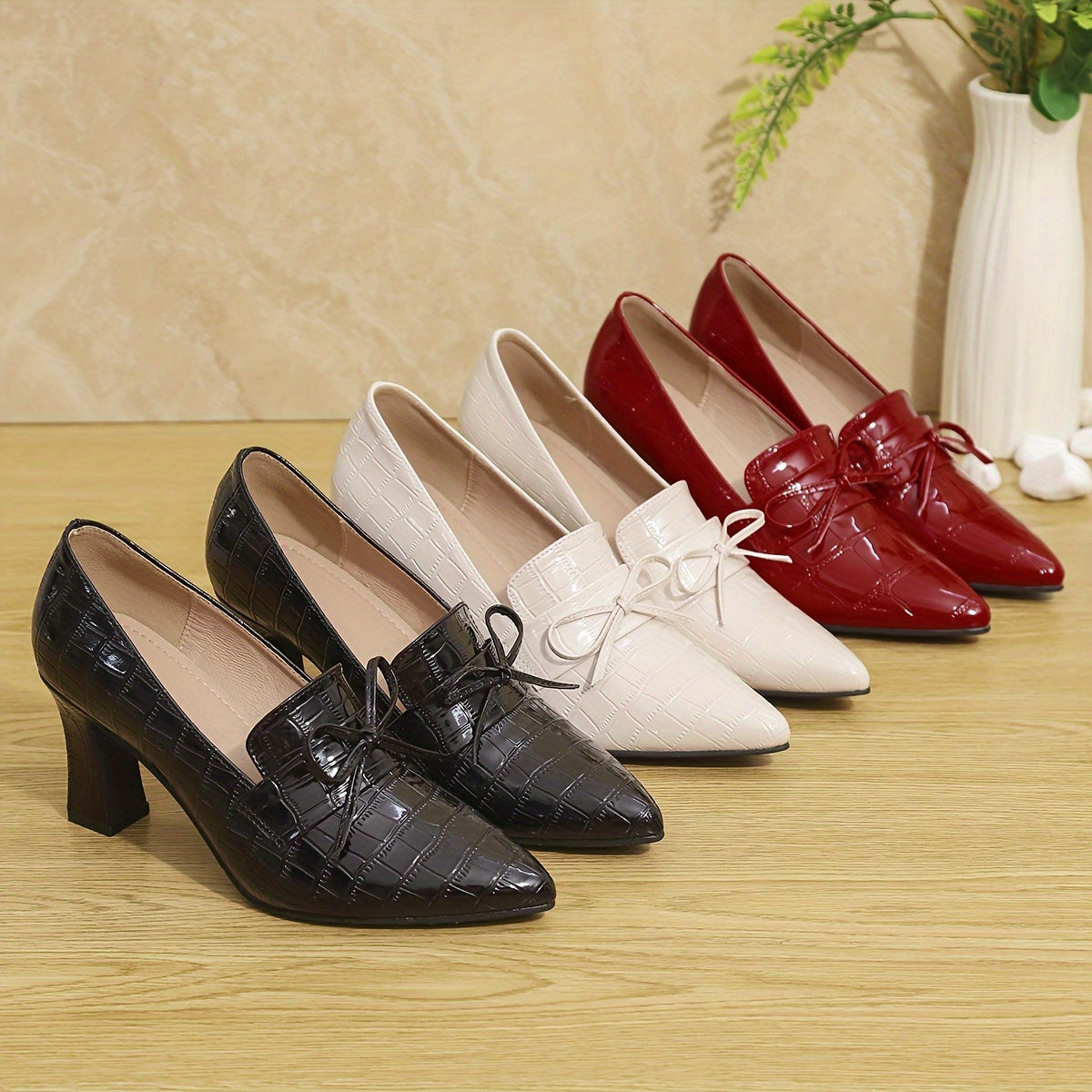 Women's Mary Jane Pumps Pointed Toe Bow Embellished Block Heel Shoes