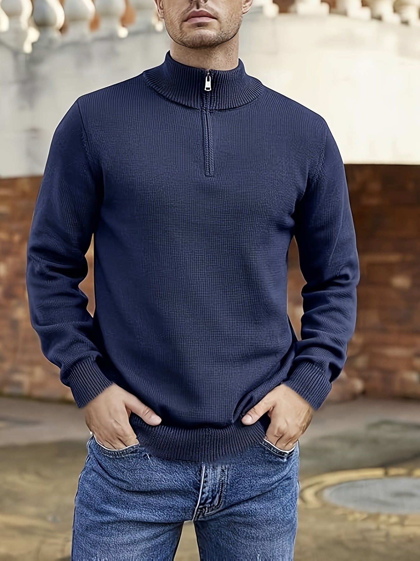 Men's Solid Knitted Pullover with Half Zipper Casual Long Sleeve Sweater for Outdoor Wear