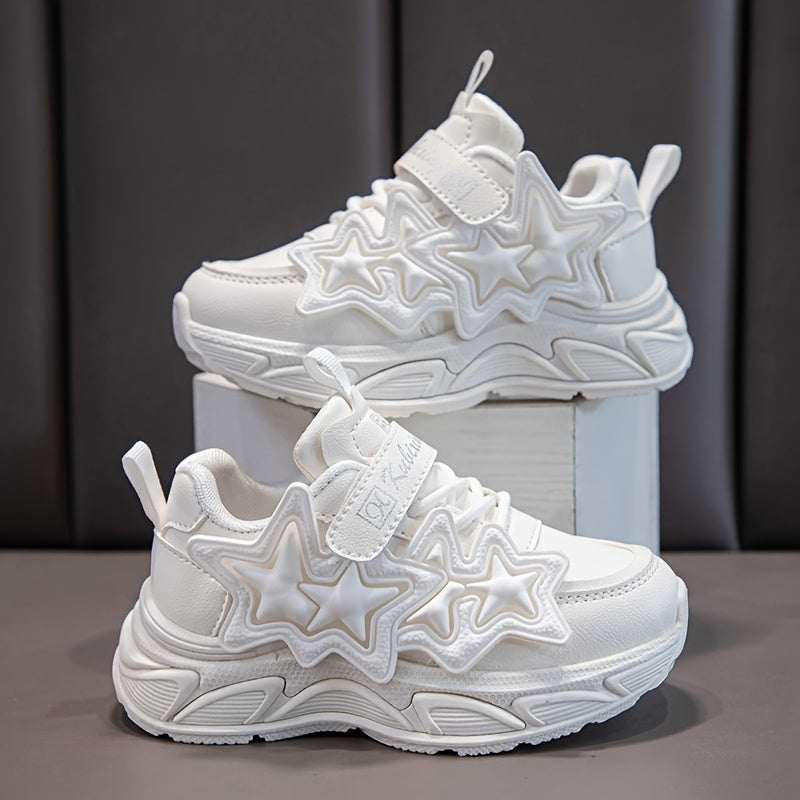 Girls Mesh Sneakers All-Season Lightweight PU Casual Shoes with Heart Pattern