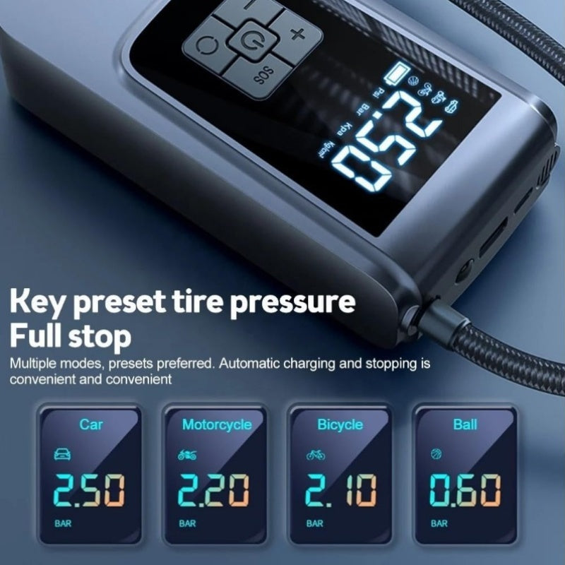Портативный насос для шин 150PSI с LED-экраном, перезаряжаемая батарея, USB-зарядка, для автомобилей и спортивного оборудования.