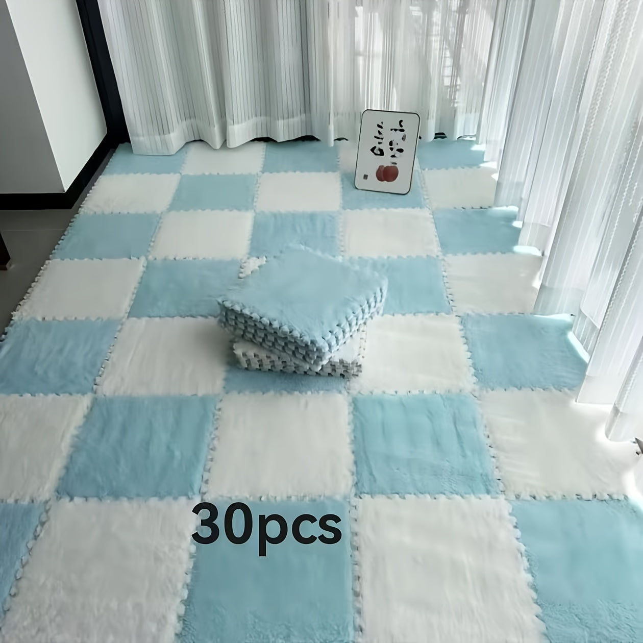 Set of 30 Braided Flannel Area Rugs Square Mats Low Pile Floor Tiles for Bedroom Living Room