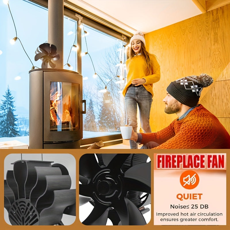 Black Aluminum Fireplace Fan 6-Blade Silent Heat Distribution Winter Gift