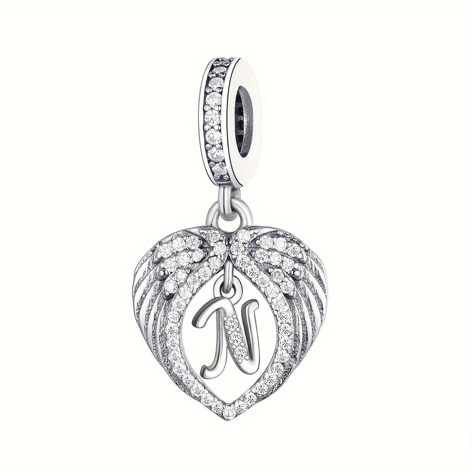 Sterling Silver Heart-Shaped Wing Pendant with Zircon Letter for DIY Jewelry