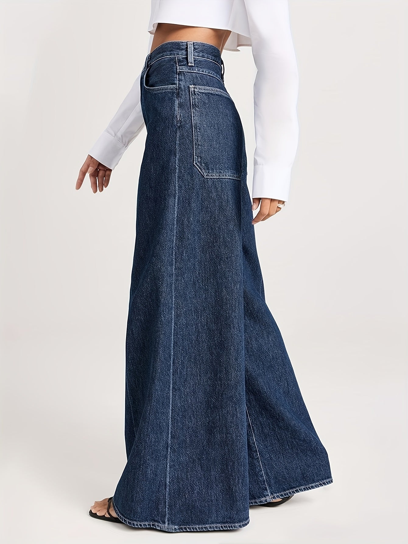 Ayollar uchun keng bo'yinli jinsilar, kengroq, elastik denim, o'rta balandlik, vintage uslub, kundalik, qorong'i ko'k