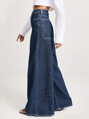 Ayollar uchun keng bo'yinli jinsilar, kengroq, elastik denim, o'rta balandlik, vintage uslub, kundalik, qorong'i ko'k
