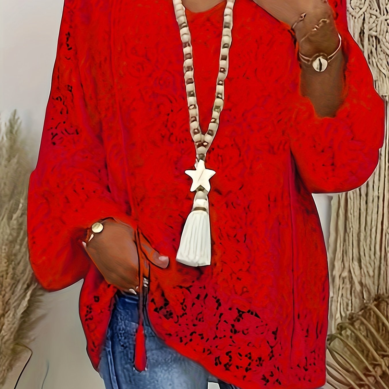 Plus Size Boho Lace Lantern Sleeve Blouse with Tassel Trim