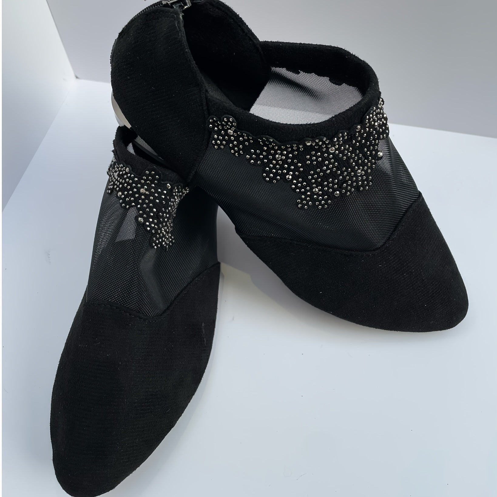 Women's Rhinestone Mesh Low Heel Sandals with Pointed Toe and Zipper