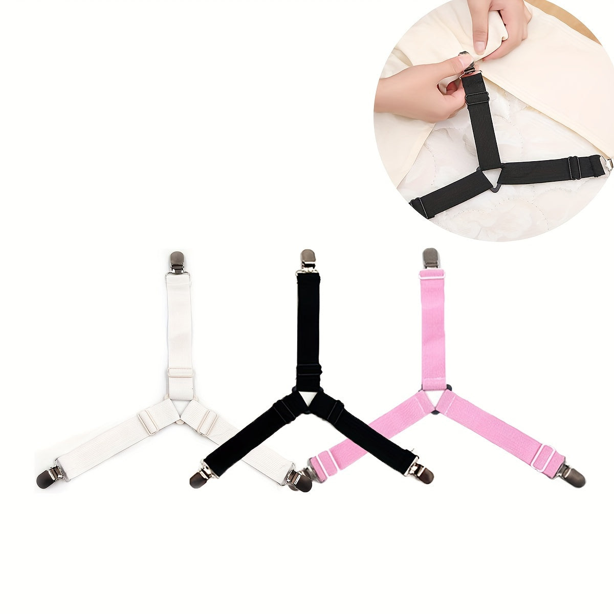 Adjustable Bed Sheet Straps Set of 3 with Metal Clips for Mattress and Cushions Assorted Colors