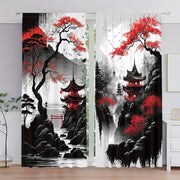 Set of 2 Japanese Mountain Ink Painting Print Curtains Polyester Rod Pocket for Living Room Bedroom Kitchen