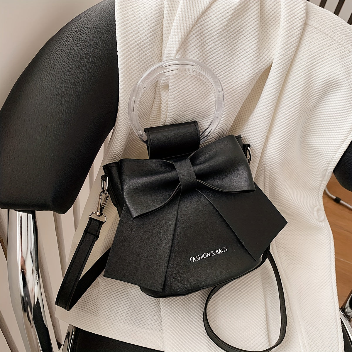 Women's Bucket Bag with Detachable Strap Bow Accent in Black White Pink Blue