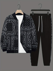 Plus Size Men's Paisley Print Casual Suit for Fall Winter Polyester Regular Fit