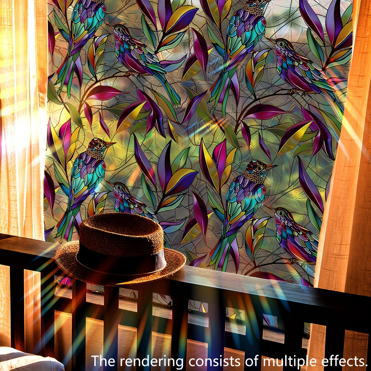 Colorful Bird and Plant Sunlight Window Decal 45.72cm x 99.06cm Reusable PVC