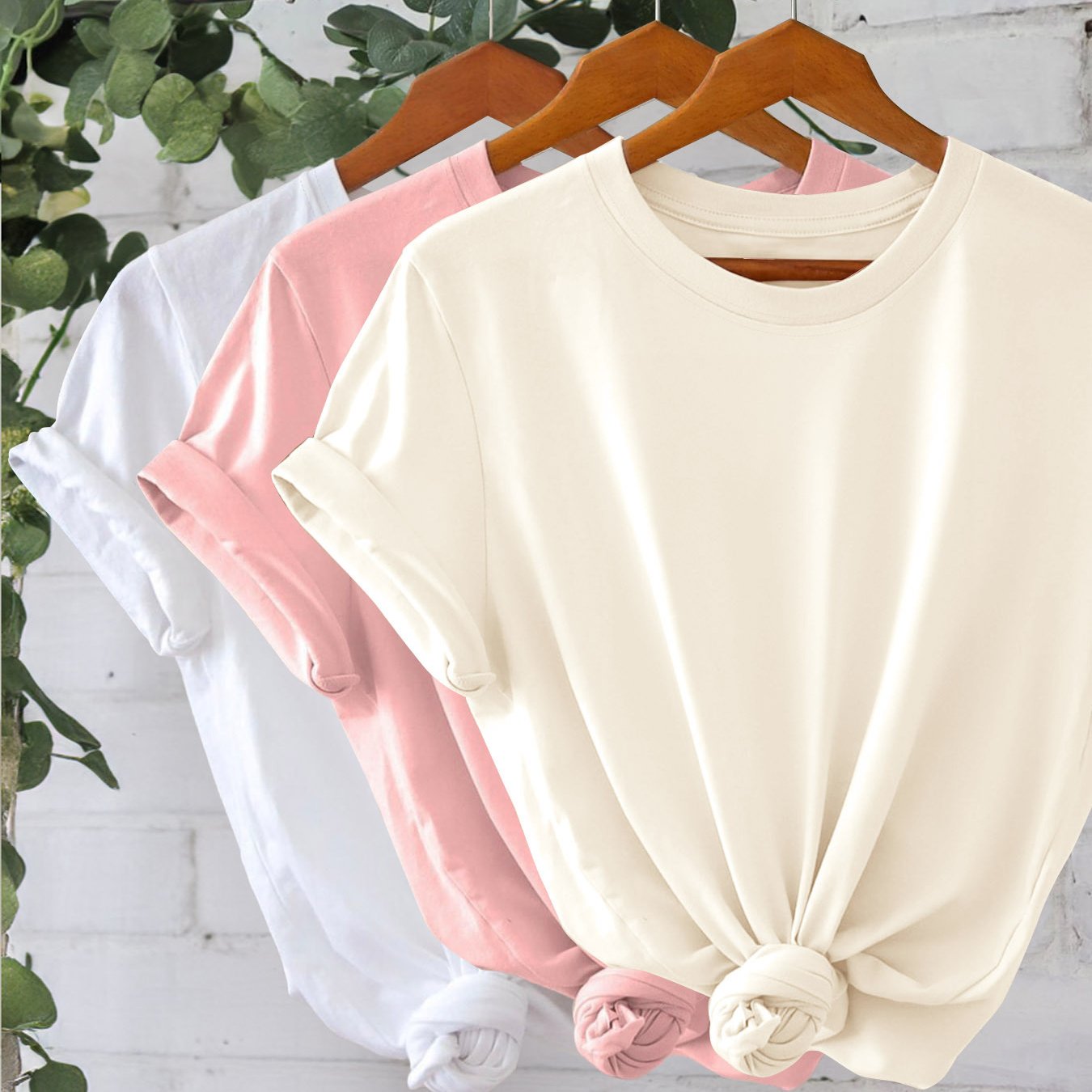Set of 3 Women's Cotton Solid Color Crew Neck T-Shirts with Short Sleeves and Knot Detail